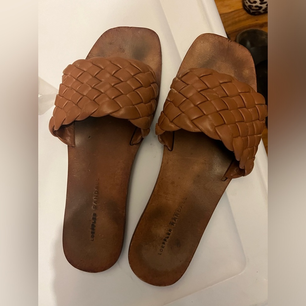 Loeffler Randall leather braided slides.
